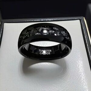 Men's 8mm Gunmetal Black Tungsten Ring with Synthetic Meteorite Inlay Modern